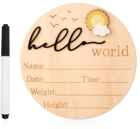 Baby Announcement Sign, 5.83 Inch Wooden Hello World Newborn Sign Cute Welcome Birth Name Plaques Board for New Baby Shower Arrive Hospital Nursery Photo Prop Accessories (Black)