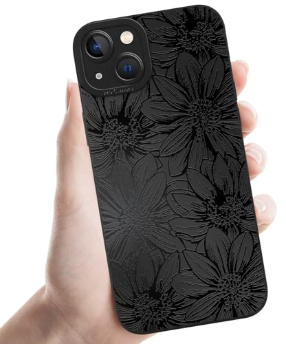 Kueqeay Handyhülle für iPhone 13 Mini hülle 5,4'', Aesthetic Blume Muster Design Schwarz Weiche TPU Silikon Stoßfest Kameraschutz Schutzhülle Bumper Ultra Dünn Mädchen Case, 02