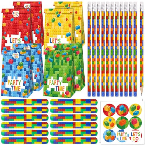 Dncvb Bausteine Geburtstag Mitgebsel, Bausteine Kindergeburtstag Mitgebsel 12 Kinder Slap Armbänder 12 Geschenktüte 12 Bleistift, Give Aways Kindergeburtstag für Jungen Mädchen