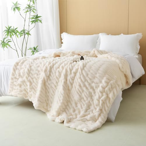 DREAMLANDING Kunstkaninchenfell Luxuriöser Plüsch Sherpa Überwurf Decke Wendbar Flauschig Warm Gemütlich Flauschige Fell Decke für Bett Sofa Couch Heimdekoration (Beige-2, 150 x 200 cm)