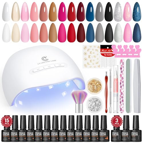PEACECOLOR Kit Unghie Gel Completo 31PCS , 15 Colori Smalto Semipermanente Unghie Lampada LED Unghie, Base e Top Coat Decor Kit Semipermanente Unghie