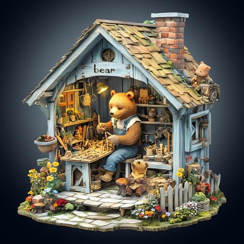 WOODBESTS Holzpuzzle Erwachsene, Bärenhaus Holzpuzzle, Unregelmäßige einzigartige Puzzle, Schöne Geschenke für Puzzle-Liebhaber, Familienspiel-Geburtstagsgeschenk (L-34 * 32.4cm 250 Stück)