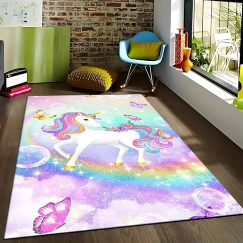 Teppiche mit 3D Cartoon Einhorn Print für Kinder Mädchen Jungen Schlafzimmer Flur Esszimmer Rutschfeste Bodenmatte für Kinder Baby Krabbeldeck Rosa Lila Gelb Wohnzimmer Matte (Multi 5,120x180 cm)