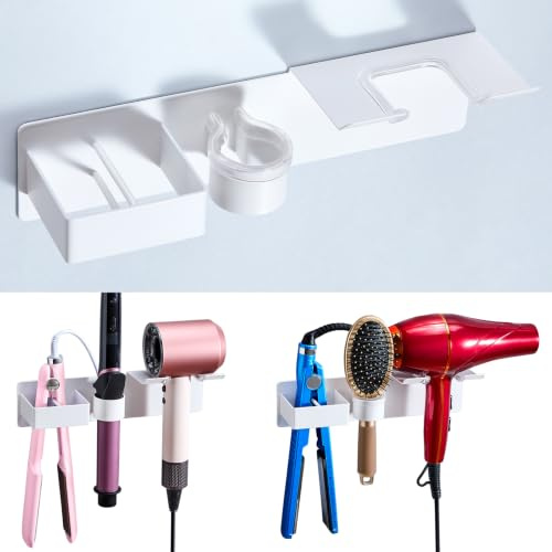 YYBO 3-in-1 Föhn Halterung für Föhn und Glätteisen & Lockenstab, Fönhalter Ohne Bohren, Föhnhalterung Bad Glätteisen Halterung Föhnhalter Wand Fönhalterung für Meisten Haartrockner (Weiß)