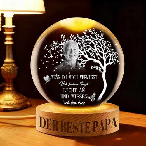 Personalisierte Gedenk-Kristallkugel Nachtlicht, Individuelle Foto-Erinnerungskugel Lampe Laser Graviertes Andenken mit Holzbase für Verlust von Haustier, Trauer Geschenk (Kristall nach Maß)