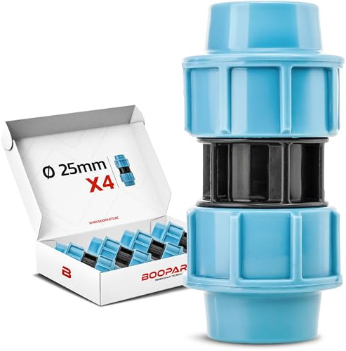 BOOPARTS – Manicotto Dritto a Compressione Ø25 mm per Tubo PE | Raccordo in Polipropilene per Irrigazione e Giardino | Set da 4 Pezzi