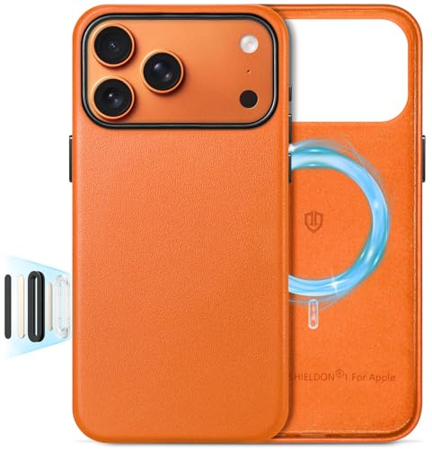 SHIELDON Lederhülle für iPhone 17 Pro Max 6,9 5G 2025, Orange | Kompatibel mit MagSafe, Echtleder, Kabelloses Laden, Metallknöpfe, Kamerasteuerung, Kratzfeste, Dünne Handyhülle