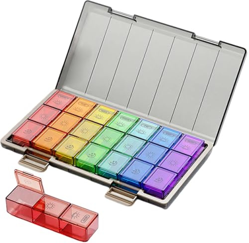 7 Day Pill Box Organiser, Pill Organiser 3 Times a Day, Tablet Organiser – 21 Compartments (Morning/Noon/Night), Large Capacity, Detachable Trays, Coffee Brown