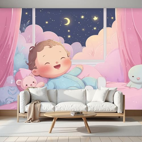 Papel Pintado Linda caricatura 250x175cm Fotomurales Para Pared 3D, Bebé durmiendo Papel Tapiz Pintado En Tejido de seda - Pared Moderna,rosa Murales Fotográficos Decorativos