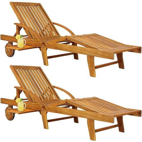 Casaria Sonnenliege Holz 2er Set, klappbar mit Rädern, 195,5 cm | Gartenliege für 2 Personen, wetterfest, Rückenlehne 4-fach, Fußteil 3-fach, Tisch ausziehbar, 195,5 cm, bis 160 kg je Liege