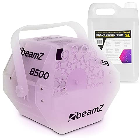 BeamZ B500LED Bubble Machine Kit with UV Reactive 5L Bubble Fluid & Colour-Changing RGB DJ Party Lighting for Kids, Home Events, Clubs & Disco Venues
