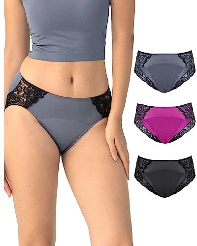 Neione Damen Periodenunterschwäsche Periodenslip Menstruation Unterwäsche Perioden Unterhosen mit Spitze Frauen Postpartum Hipster 3er Pack Gorthix S