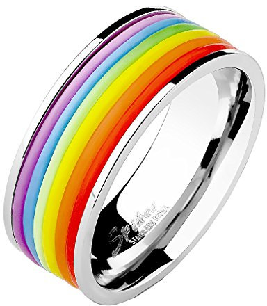Mianova Herren Band Ring Edelstahl poliert mit Silikon Streifen Bandring Herrenring Partnerring Biker Silber Regenbogen Rainbow Größe 68 (21.6)
