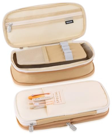 iSuperb Foldable Pencil Case Zipper Big Capacity Canvas Pencil Pouch Stationery Organizers Pen Bag Compartments Cosmetic Makeup Bags for Women (Khaki+Beige)