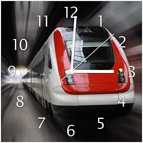 Wallario Design-Wanduhr Fahrender Zug von vorn in rot- Perspektive von vorn aus Glas, Motiv-Uhr Größe 30 x 30 cm, weiße Zeiger