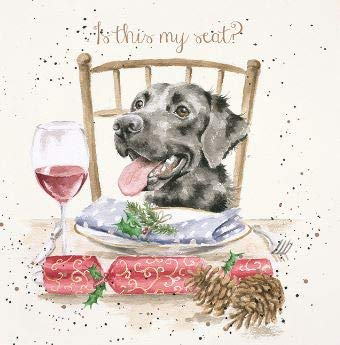 Wrendale Designs Weihnachtskarte für Männer/Weiblich, offen, von Wrendale Designs – is This My Seat? Weihnachtskarte für jeden Empfänger (WRE-X074), Motiv Hund am Esstisch, Goldfolien-Finish