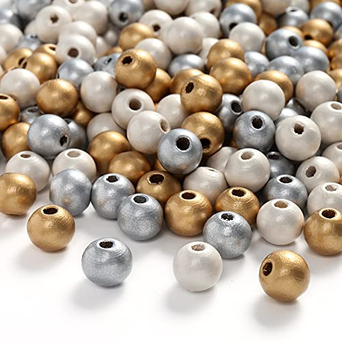DAHI holzperlen 300pcs perlen mit Loch Gold Silber weiß | bastelnperlen für DIY Schmuck Herstellung 3 Farben (12mm)