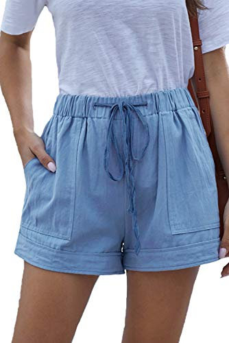 HVEPUO Teenager Mädchen Blaue Shorts Sport Wide Leg Kurze Hosen Laufshorts Training Leinenhose Gym Yoga Boxershorts Weite Hose Staubiges Blau S