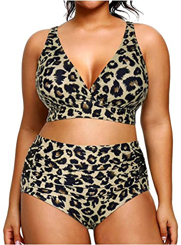 Yonique Maillot de Bain Bikini Grande Taille pour Femme Maillot de Bain Taille Haute Contrôle du Ventre Deux pièces Maillots de Bain, léopard, 18 Große Größen