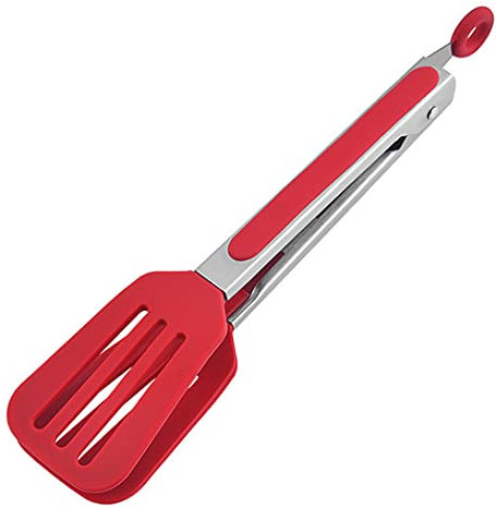Hoshen Pince de cuisine en silicone de 26,5 cm, poignées en acier inoxydable, clip anti-brûlure pour grill, pain, steak, cadenas rétractable – Rouge