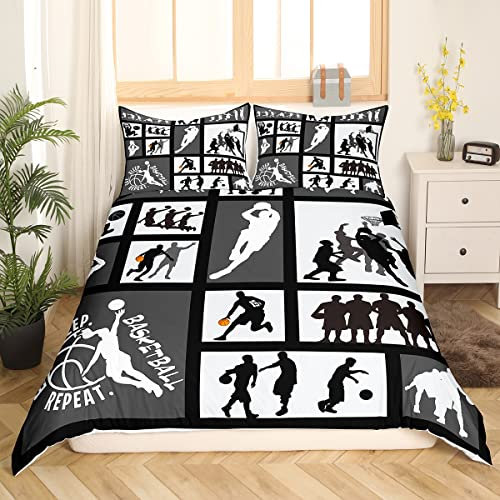 Loussiesd Jungen Basketball Bettwäsche Set 135x200cm Basketball Wettkampfspiele Kinder Bettbezug Set Jugendliche Herren Sport Thema Betten Set Geometrisch Schwarz Dekor Schlafzimmer Kollektion 2St