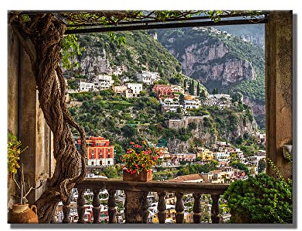 Leinwandbild Window View Positano | Fensterblick | 60 x 80 cm Querformat | Bild auf Leinwand | Berühmtes Dorf in Italien Aussicht | Deko Einrichtung | modern elegant | Wohnzimmer Schlafzimmer Büro