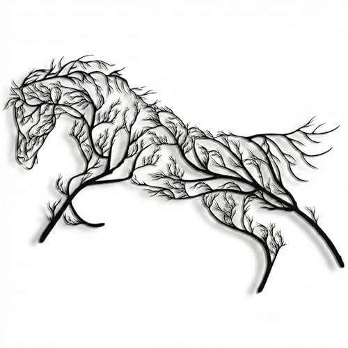 DEKADRON Metall-Wandkunst, geometrisches Pferd und Baum, Heimdekoration, Eingangsbereich, Schlafzimmer, Wohnzimmer, Wandbehang, Pferdeschild, Bauernhaus-Dekor (75 x 40 cm)