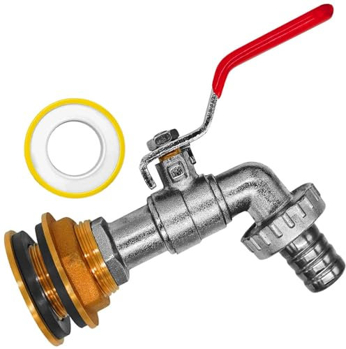 Regentonnen-Durchführung aus Messing mit Auslaufhahn und Schlauchtülle Loch Ø 34mm + Tülle 3/4 19mm