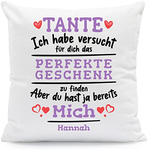 GRAVURZEILE Kissen mit Spruch Personalisiert mit Name - Geschenke für die ganze Familie - Größe: mit Füllung - Farbe: Tante (Ich Habe.)