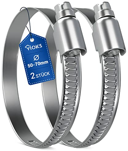 VIOKS Schlauchschellen Schelle SET 2x Schlauchschellen 50-70mm Ø/Schlauchschеllen Edelstahl / 9 mm Bandbreite/Waschmaschine Abfluss Adapter/Schlauchschelle/Rohrschellen 50mm für Schlauch