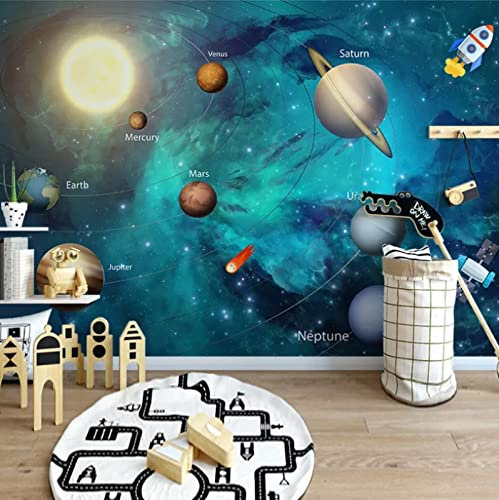 Fototapete 3D Effekt Handbemalte Weltraum-Universum-Karikatur-Kindertapeten Vlies-Wandbild Kinderzimmer-Wanddekoration 200Cm(W)*140Cm(H)