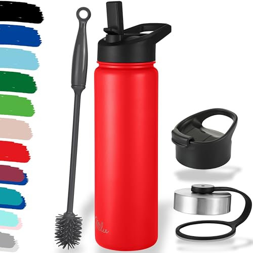 Milu Edelstahl Trinkflasche 500ml, 750ml, 1000ml (+3 Deckel) - Thermosflasche mit Strohhalm, Isolierte Wasserflasche, Auslaufsichere Isolierflasche doppelwandig, Kohlensäure geeignet (Rot, 750ml)
