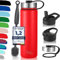Milu Edelstahl Trinkflasche 500ml, 750ml, 1000ml (+3 Deckel) - Thermosflasche mit Strohhalm, Isolierte Wasserflasche, Auslaufsichere Isolierflasche doppelwandig, Kohlensäure geeignet (Rot, 750ml)