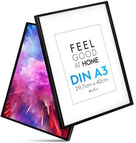 Calias® [1 STK.] Bilderrahmen A3 Schwarz - Bilderrahmen Holz mit bruchsicherem Plexi Glas - Holzbilderrahmen inkl. Aufsteller und Aufhängung - Echtholz Bilder Rahmen FSC zertifiziert - Made in EU