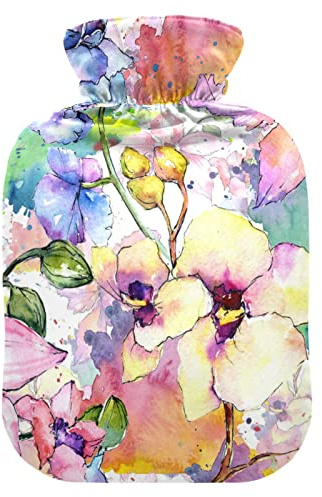 Wärmflasche mit weichem Samtbezug, Wildblumen- und Orchideenblumen-Wärmbeutel zur Schmerzlinderung, heiße und kalte Kompresse, Körperbettwärmer, 2 l
