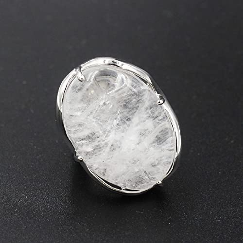 HGJH Verstellbarer Ring, Natürlicher Ovaler Weißer Kristallring Das Linienpaket Vier Klauen-Inlay-Ring Verstellbarer Offener Ring Für Frauen 7 Chakra-Reiki-Edelsteinringe Ewigkeitsring Für Frauen, M