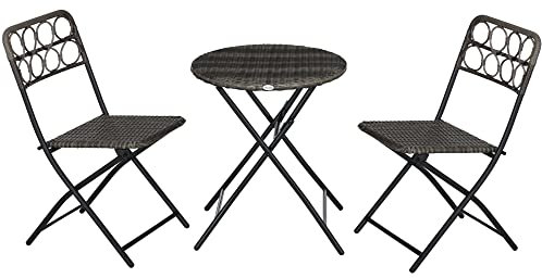 Outsunny 3 Pieces Rattan Bistro Set, Wicker Folding Garden Furniture Set with Coffee Table and Chairs for Outdoor, Patio, Balcony, Grey