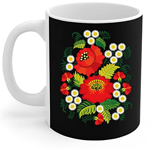 Ukraine Tasse Blumen ukrainische Blumen Vintage ukrainische Vyshyvanka Geschenk Kaffeetasse 11oz, schwarz
