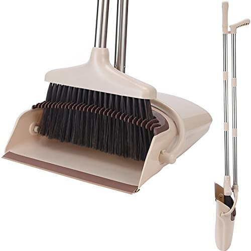 Long Handled Dustpan and Brush Set Tall 48.82in Sweepin Broom and Dustpan Set with Comb Teeth Anti-Odor Box Foldable Household Upright Dustpans and Brush Sets for Indoor Garden Kitchen