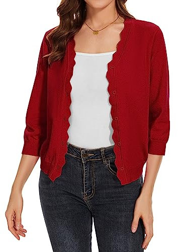 MINTLIMIT Women Cardigans Sweaters 3/4 Sleeves Sweater Casual Knitwear Tops Size 12 14 (R-Red M)