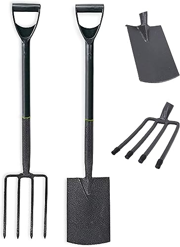 rightclick Garden Spade and Fork Set Ergonomic Design Non-Slip Comfortable D-Grip Carbon Steel Head Garden Tools Set Digging Spade & Garden Fork Set