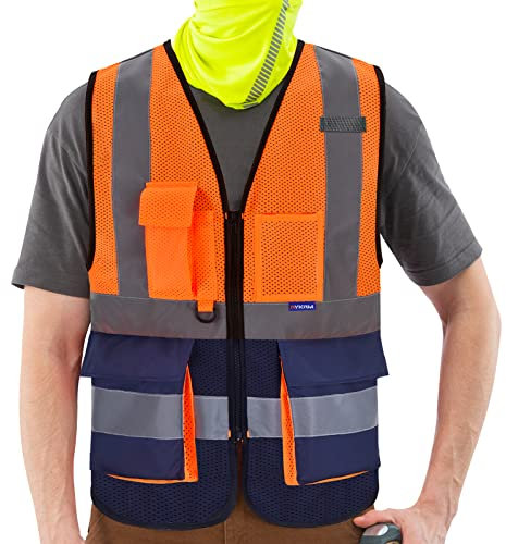 AYKRM Chaleco de seguridad Reflectante Alta visibilidad Ropa de trabajo rejilla Cremallera Multibolsillos Naranja Azul marino