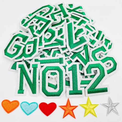 Jongdari Iron On Letters and Numbers Patches for Clothing, 2 Embroidery Alphabet Letterman Jacket Patche A-Z & 0-9 Applique for Backpack & Fabric (Green 78pcs)