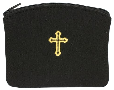 Rosenkranz-Tasche mit Reißverschluss, goldfarbenes Kreuz, Schwarz oder Weiß, tragbare Tasche für Rosenkränze, Münzen und religiösen Schmuck, tolles katholisches Geschenk zur Erstkommunion, Schwarz,