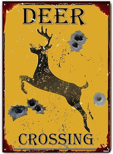 Geroclonup Retro Metall-Blechschild Hirsch Kreuzung Vorsicht Gelbes Schild Löcher Rustikale Jagd Hütte Hütte Straße Dekor Neue Wandkunst Retro Vintage Bar Land Wanddekoration Metallschild - 30 x 40 cm