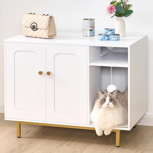 Hzuaneri Maison de Toilette Chat, Meuble Litiere Chat, Meubles Cachés, Maison pour Chats avec Porte et Cloison Séparée, Table d'appoint en Bois pour Animal Domestique, Blanc et Or CB82113A