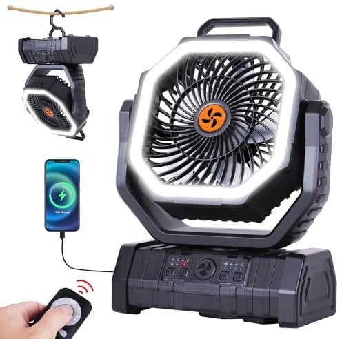 𝟐𝟎𝟎𝟎𝟎𝐦𝐀𝐡 Battery Operated Fan Portable Fan,𝟏𝟑𝐈𝐧 Rechargeable Camping Fan with Light,Workup 𝟔𝟎𝐇 & 𝟖𝐇 Timer & Remote,Auto Oscillation Battery Powered Fans for Camping - Hanging Hook