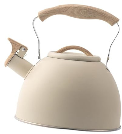 Baoblaze Bouilloire à thé sifflante en Acier Inoxydable, avec poignée à Motif en Bois, théière de 3l, Bouilloire à Eau pour Appartement, Maison, Cuisine, Beige