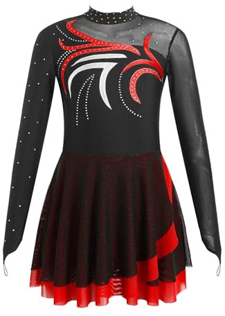 Aislor Tanzkleid Mädchen Pailletten Eiskunstlauf Kleid Kinder Langarm Ballettkleid Tanztrikot mit Rock Kleider Gymnastikanzug Wettbewerb Tanz Kostüme Z Rot 146-152