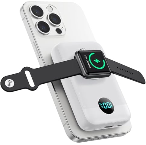 Power Bank Magnético para MagSafe, 10800mAh Bateria Externa Inalámbrica QC4.0+PD22,5W USB C Carga Rapida Bateria Portatil con Pantalla LCD Powerbank para Apple Watch/iPhone16/15/14/13/12 Series-Blanco
